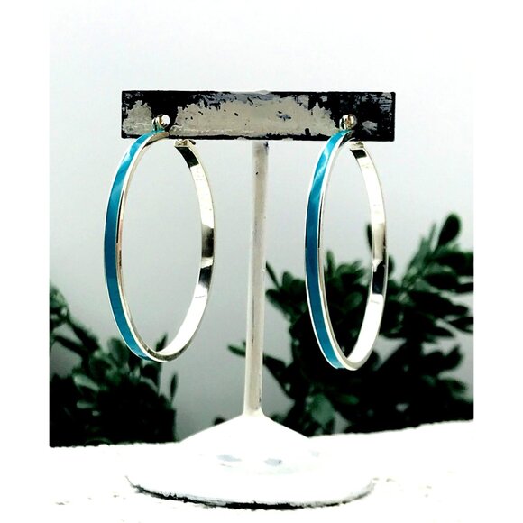 Silver Tone Hoop Earrings With Aqua Enamel Accent - Picture 3 of 7